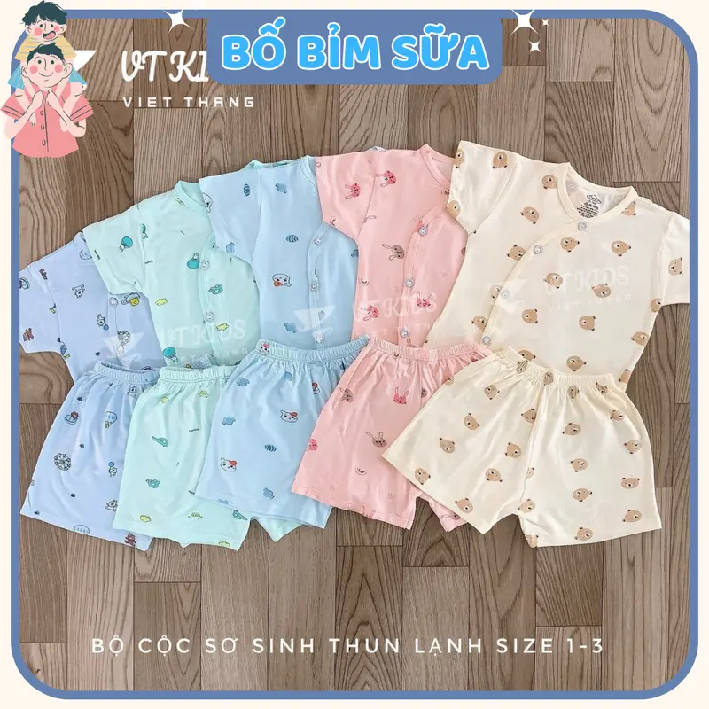 (Set 3 - 5) Bộ quần áo sơ sinh cộc tay màu VT in họa tiết, chất thun lạnh hàn quốc cho bé sơ sinh CL04 size 0-9 tháng set  đồ 2