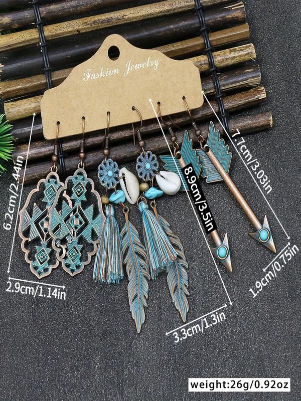 Boho Turquoise Texture Shell Tassel Hollow Arrow Feather Decor Dangle Earrings (3 Pairs), Vintage Trendy Dangle Earrings, Fashionable Jewelry for Women for Daily & Party Decoration Gifts 1