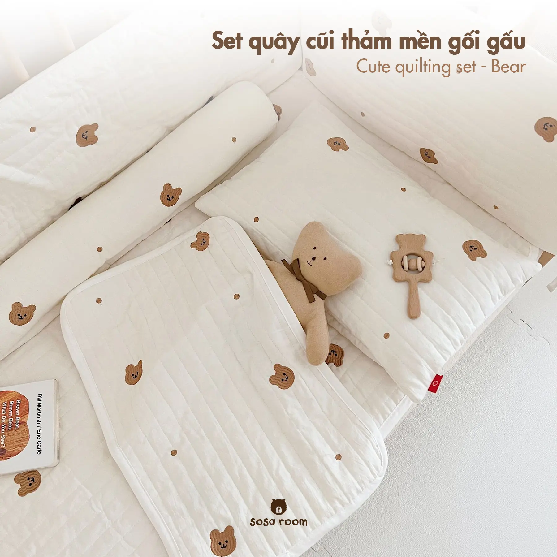 Quây cũi thảm gối, hoạ tiết thêu gấu, trần bông hữu cơ cho bé