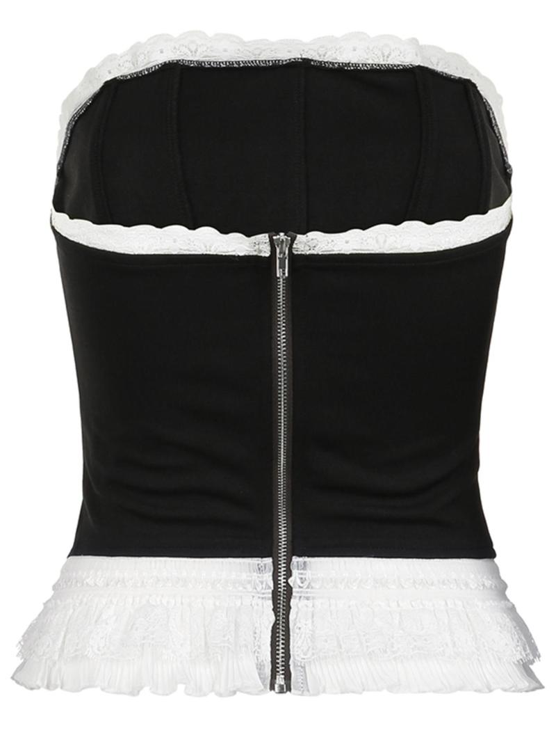 Product Introduction of Women's Contrast Lace Frill Trim  Zipper Back Crop Tube Top, Y2k Fashion Casual Strapless Bustier Top for Daily Outdoor Wear, Women Top Clothes for Summer 4