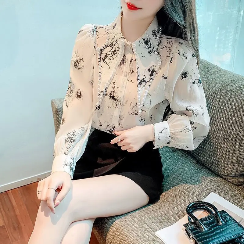 Áo Sơ Mi Voan, Dài Tay, Thiết Kế Dáng Rộng Rãi Và Mỏng, Cổ Ve Cao, Có Hạt Công Nghiệp Nặng, Quần Áo Mùa Thu Cho Nữ, Thiết Kế Hoa, Hàng Mới Về