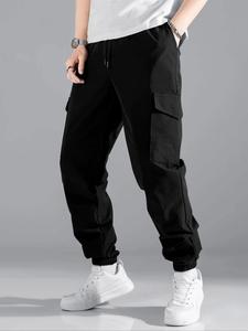 Men's Solid Drawstring Waist Cargo Pants, Regular Fit Casual Fashion Flap Pocket Trousers for Daily Wear, Men's Bottoms for All Seasons