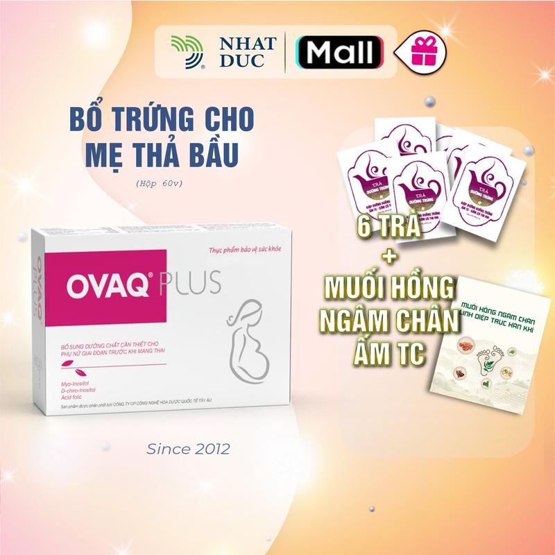 Ovaqplus Bổ Trứng[Combo Ovaqplus 60 viên & trà] Tặng 6 trà & 1 gói muối hồng ngâm chân, dưỡng chất cần thiết cho phụ nữ chuẩn bị mang thai TPBVSK Ovaqplus 60v bổ sung myoinositol, acid folic, vitamin e, coenzymq10 [nhatducchinhhang]