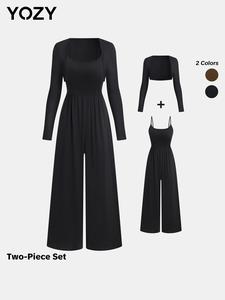 YOZY Pleated Waist Jumpsuit & Crop Outerwear Set, Casual Comfy Solid Wide Leg Jumpsuit & Open Front Long Sleeve Outerwear, 2024 Women's Daily Outdoor Wear for Spring & Summer & Fall