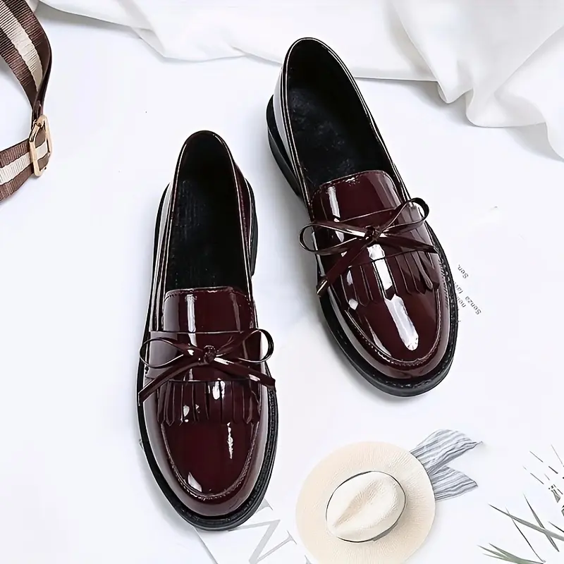 Preppy Solid Color Round Toe Slip-on Women'S Shoes, English Style, All-season, with Bow Embellishment, Made of Man-made Materials, Faux Sole and PVC Insole, with Fabric Inner Material, Hand Wash Only 4