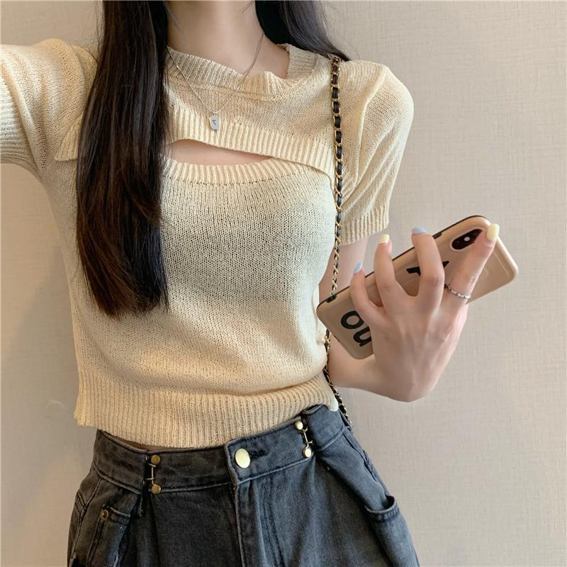 Product Introduction of Áo Len Dệt Kim Giả Hai Lớp, Thiết Kế Độc Đáo Sang Trọng Khoét Lỗ Áo Phông Ngắn Tay, Áo Ngắn Cô Gái Nóng Bỏng Mùa Hè, Phong Cách Instagram, Dành Cho Nữ, Bán Chạy Top Women Top Women 9