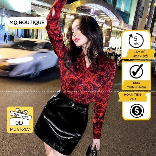 Áo lụa sơ mi nữ dài tay cao cấp công sở họa tiết hoa trà đỏ nền đen hiện đại  áo sơ mi thiết kế MQ Boutique 