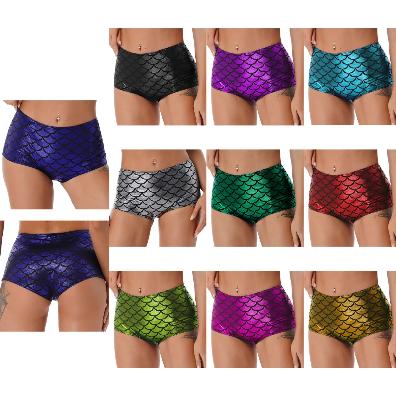 YiZYiF Women's Fashion Swim Bottoms Mermaid Shiny Fishscale Print Metallic Hot Shorts Swimsuit