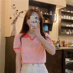 Summer Korean Version 2025 Color-Block Elegant Polo Collar Casual Versatile Knitted Top for Female Students