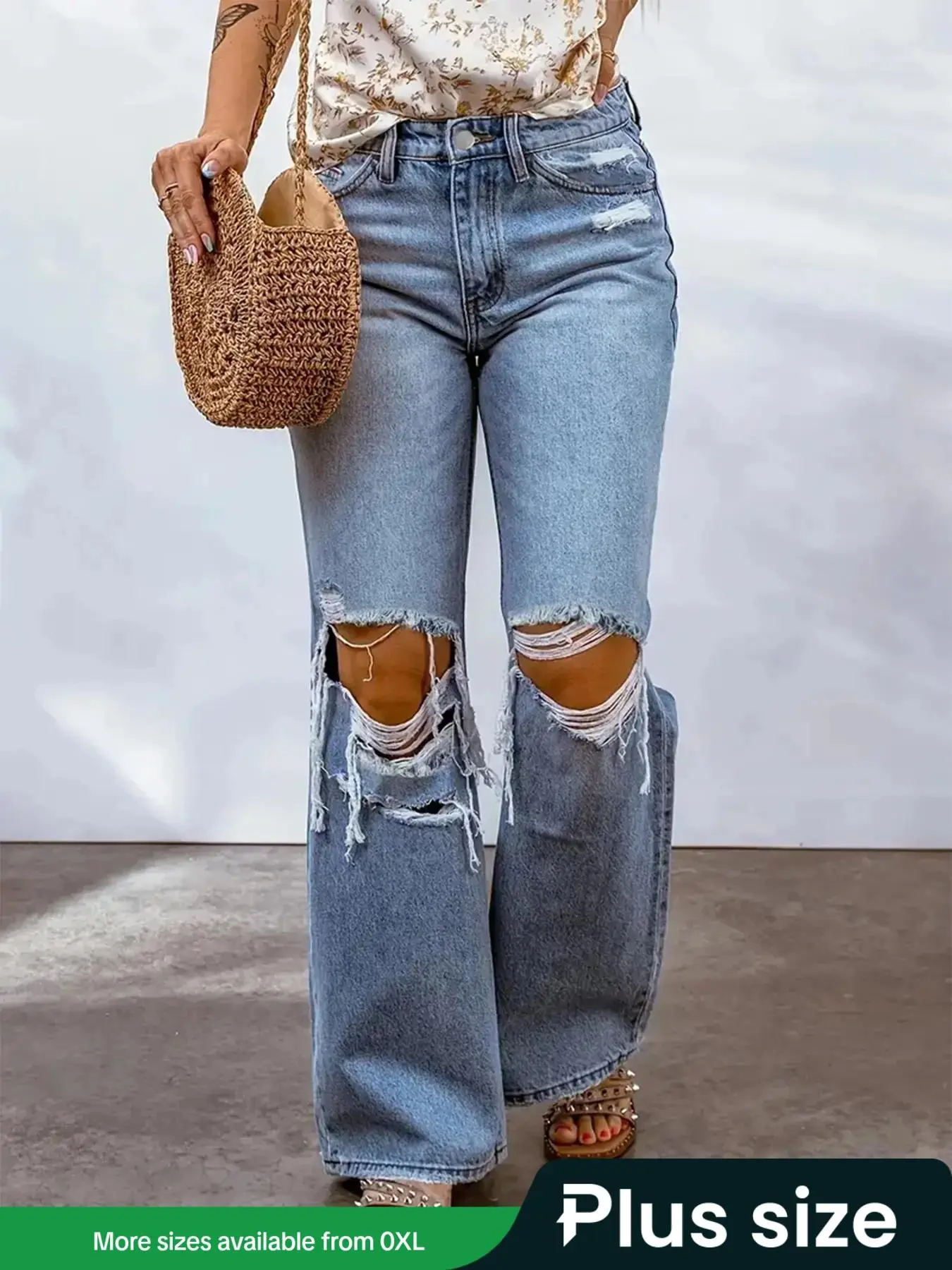 【Plus Size】 Solid Color Distressed Jeans, Casual Comfy Denim Pants for Daily Wear, Women's Bottoms for All Seasons