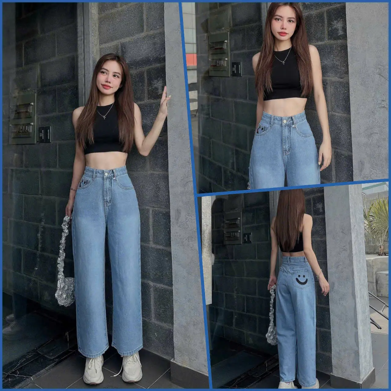 ( NẤM LÙN 38- 69 KG) QUẦN JEANS SUÔNG LƯNG CAO CÓ THÊU HÌNH MẶT CƯỜI , CHẤT JEANS MỀM PHONG CÁCH TRẺ TRUNG MS 206
