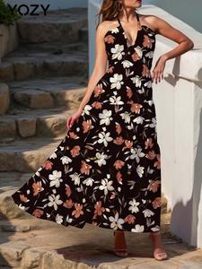 YOZY Women's Floral Print Halter Neck Dress, Elegant Sleeveless Long Dress for Holiday Vacation Daily Wear, Ladies Clothes for All Seasons