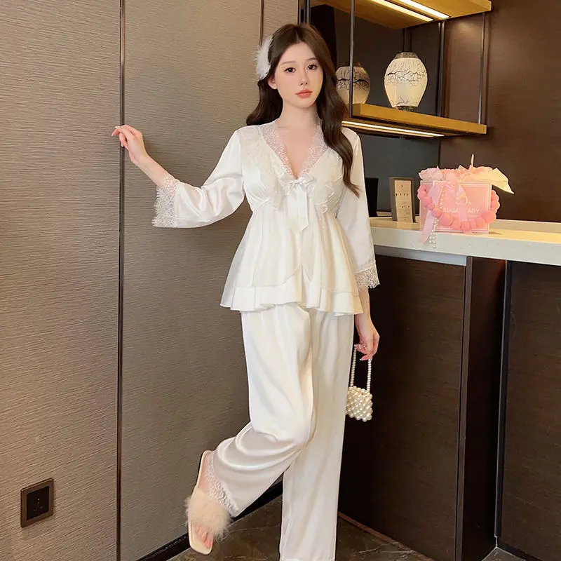Lace High-Grade Lace Pure Style Sexy Artificial Silk 2024 New Homewear Sweet Pajamas Pajama Pants Two-Piece Set
