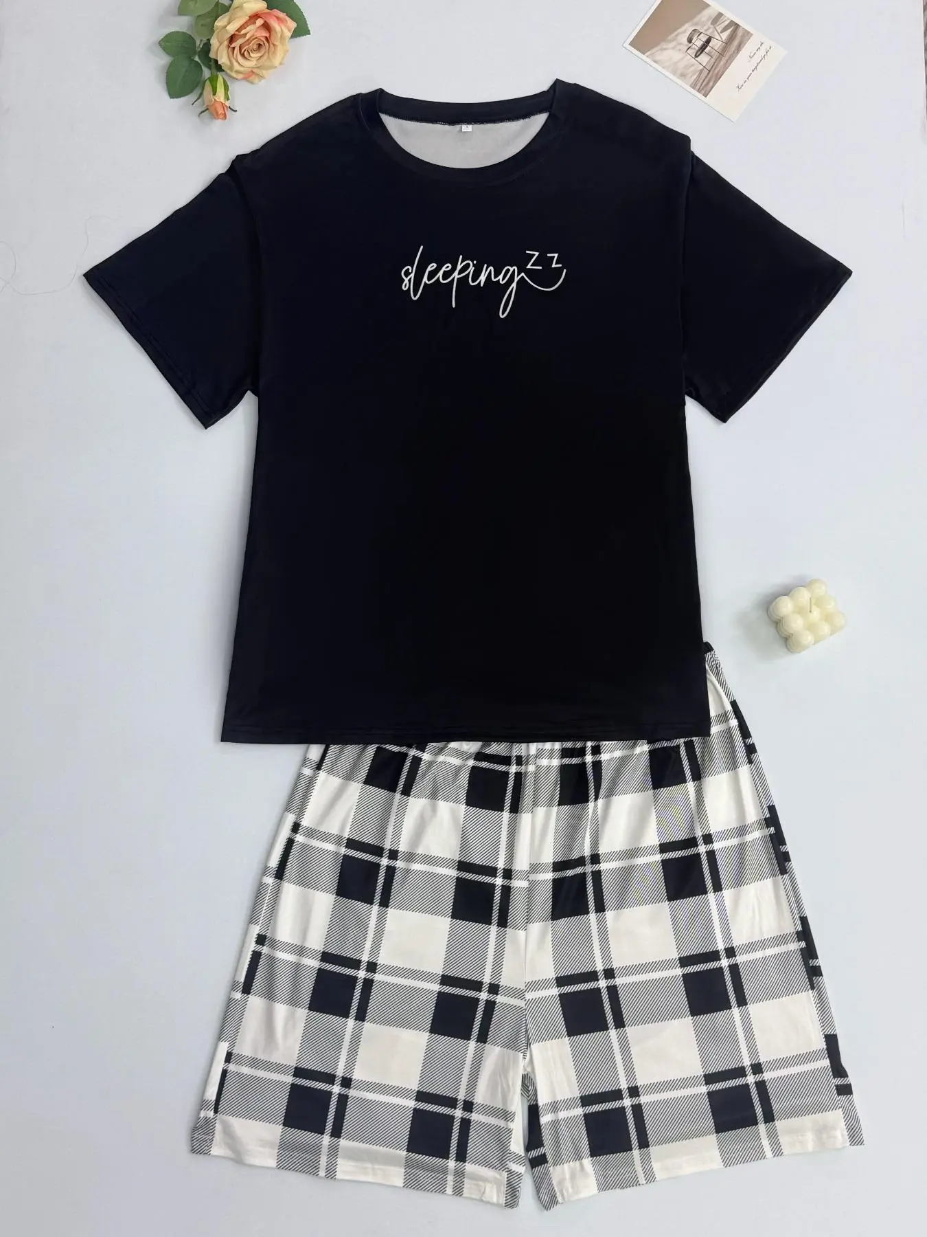 Men's Plaid Print Tee & Shorts Pajama Two-piece Set, Casual Comfy Round Neck Short Sleeve T-shirt & Shorts PJ Set, Men's Sleepwear for Summer