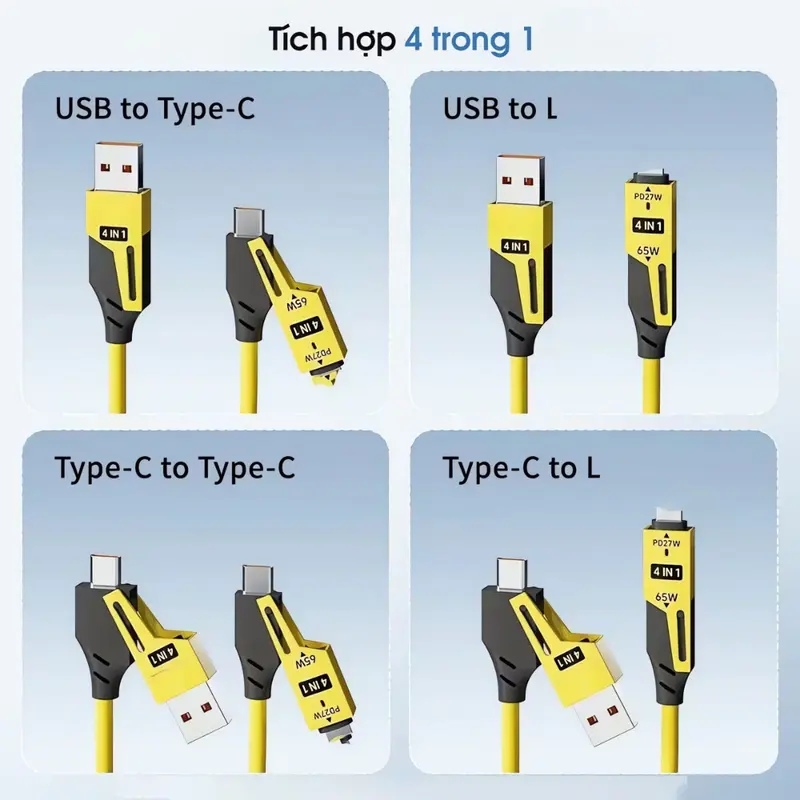 Cáp sạc 4 trong 1 LÒ XO gọn dùng trên xe, bàn decor, dài 1.5m,chuẩn PD C-L 27W 20W,C-C 65W-ENJOYPLUS 6