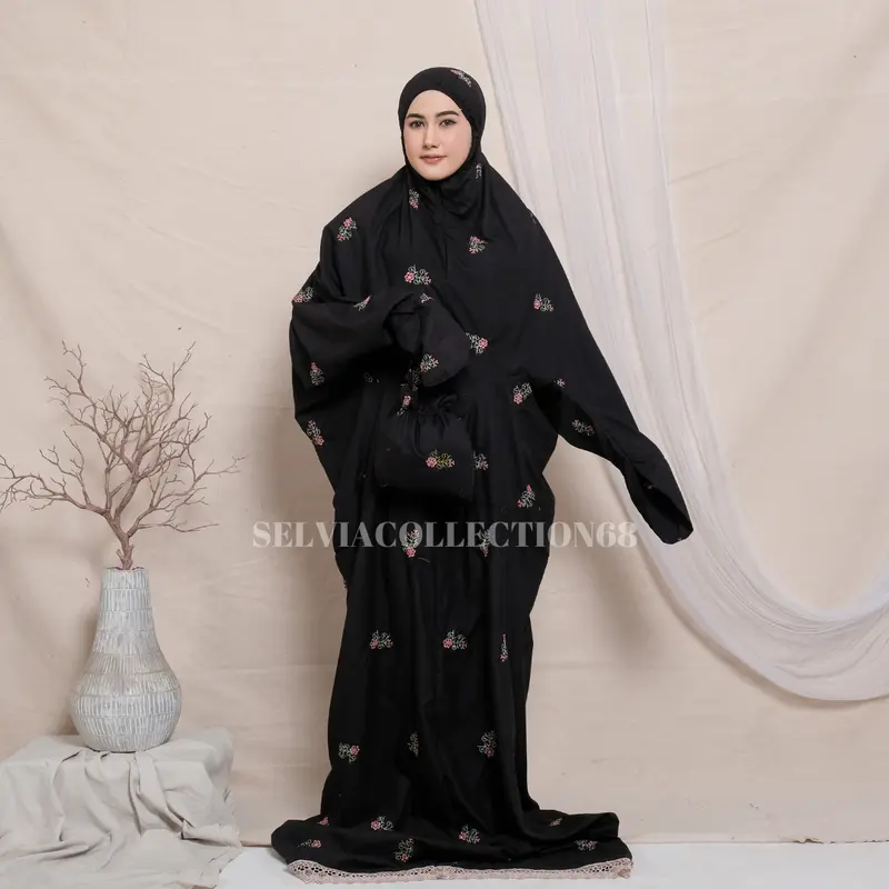 Mukena Terusan Dewasa Jumbo Bordir Bunga Melati 2in1 Katun Premium Panjang Cantik Lembut 0
