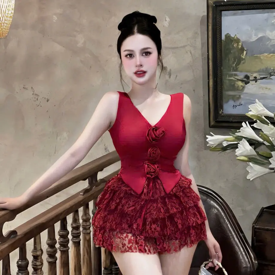 set váy thiết kế váy tầng xòe hoa hồng hàng new