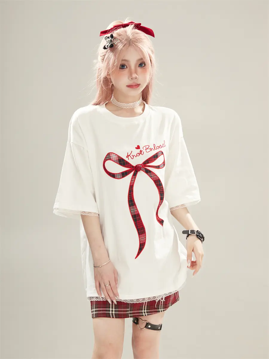 เสื้อยืดแขนสั้นโบว์หวานผู้หญิง 2025 สไตล์ใหม่ในปีนี้ยอดนิยมแฟชั่นสวยเพรียวเซอร์ไซส์