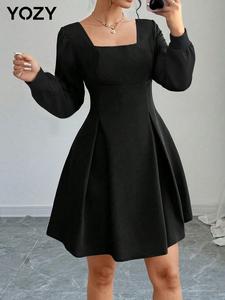 YOZY Women's Plain Square Neck Dress, Elegant Fashion Casual Bishop Sleeve Dress for Daily Outdoor Wear, Women Dress for Spring & Fall