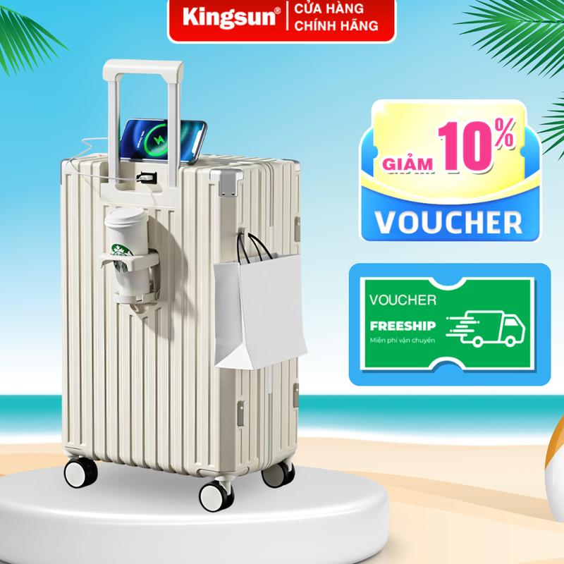   Size 28  Vali Du Lịch KINGSUN 302 Nhựa dẻo ABS+PC có cổng sạc USB+khay để cốc+móc treo đồ  Bảo Hành 5 Năm 