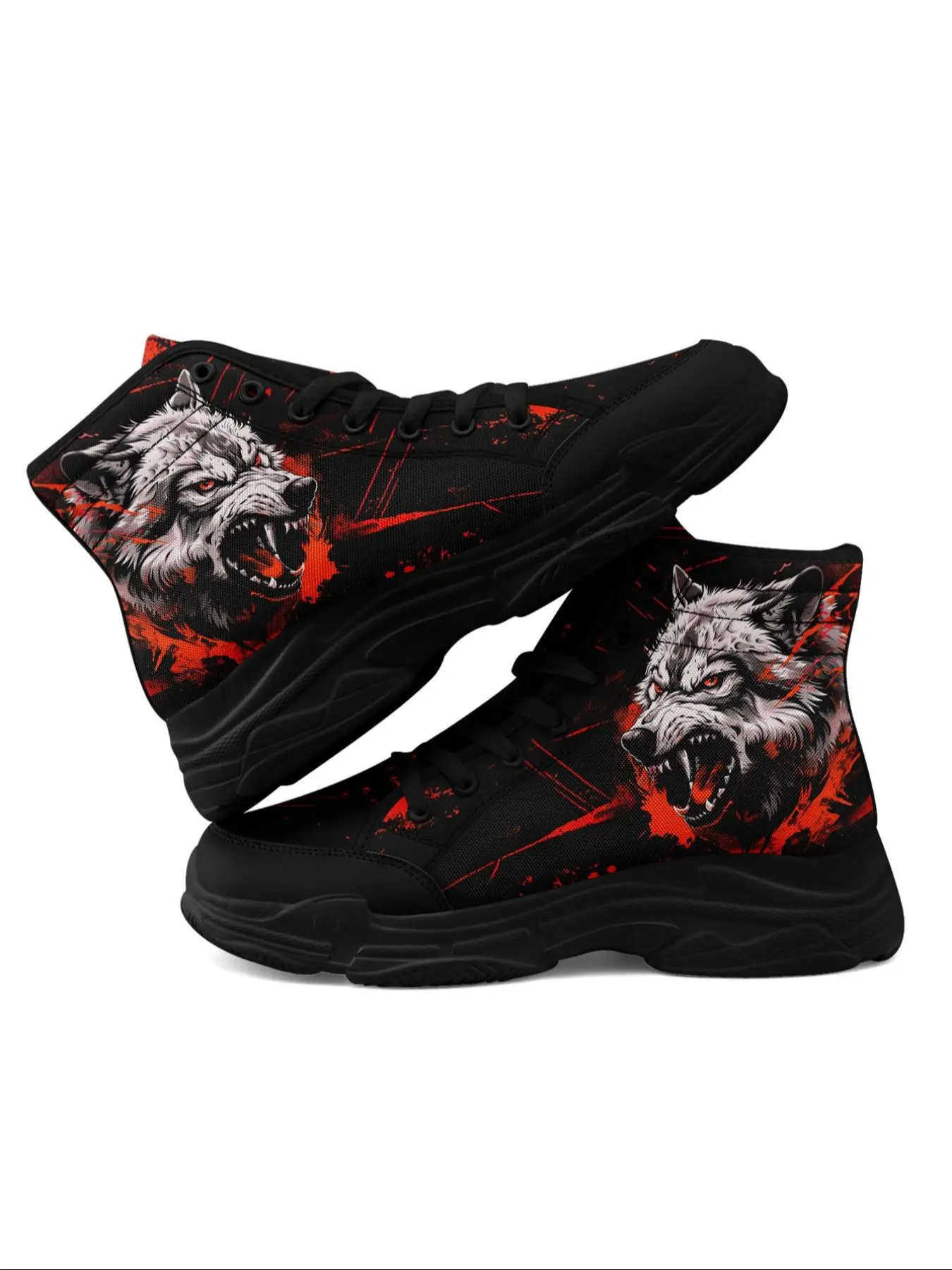 Men's Halloween Theme Wolf Print Lace Up High Top Sneakers, Casual Comfortable Breathable Sports Running Shoes, Male All-match Round Toe Shoes for Daily Wear