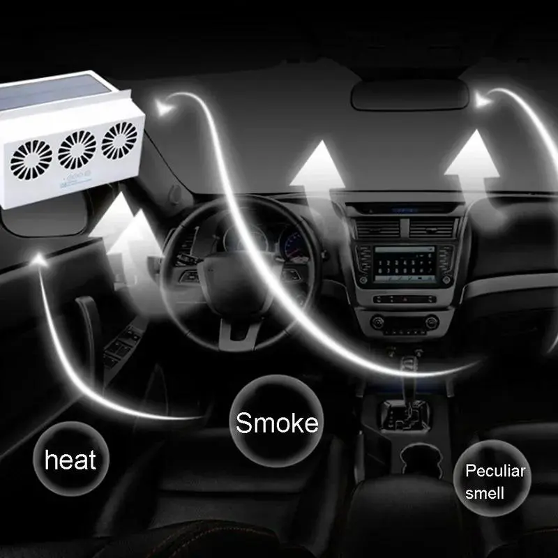 Solar Power Car Exhaust Fan with 3 Air Outlet, Window Mount Car Radiator Cooling Fan, Portable Safe Auto Air Vent Radiator for Front & Rear Window 3