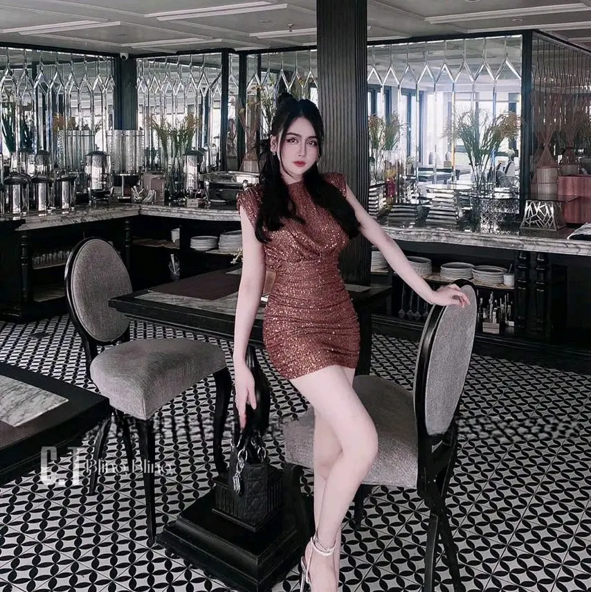 Váy Kim Sa 6 Khuy Vai Cộc Tay Blingbling Women Dress