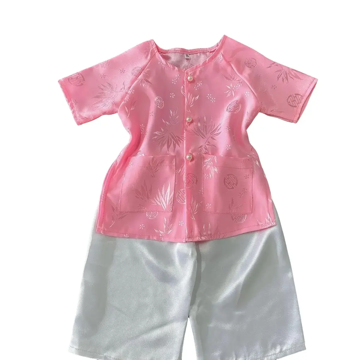 Bà Ba Cho Bé Vải Gấm Lá Tre Màu Hồng Nút Chuổi Ngọc Trai- Tay Ngắn Size ( 7 - 40Kg )