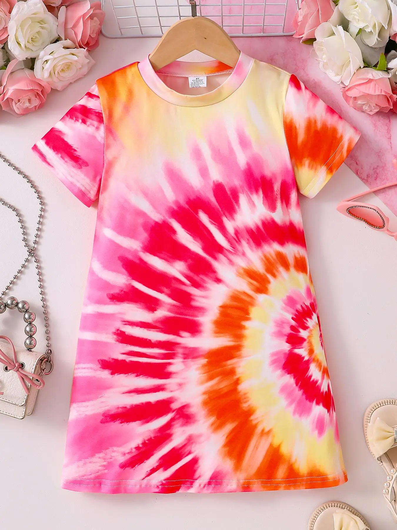 Girl's Tie Dye Print Tee Dress, Casual Short Sleeve Round Neck Dress for Summer, Kids Clothes for Daily Wear