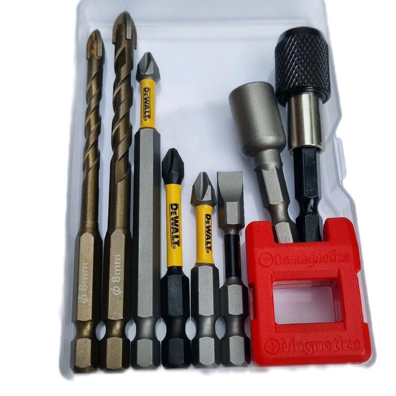 BỘ VÍT KHOAN TIỆN LỢI 9 MÓN chuôi lục giác 6.35 - Mũi khoan đa năng 6mm 8mm bộ vít xịn Ph2 đầu bắn tôn 8mm đầu nối dài vít cục nạp từ - Khoan tường gạch gỗ kính vít thép hợp kim có từ tính.