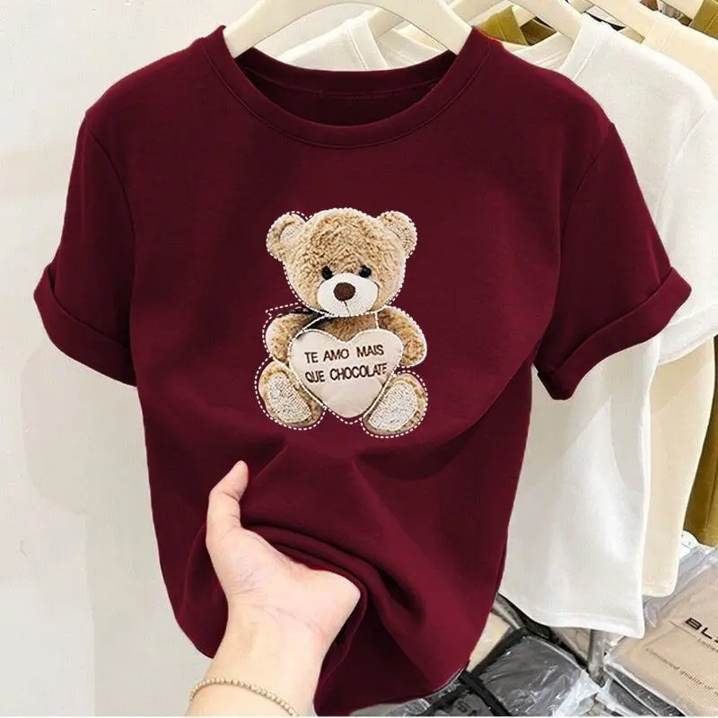 Áo Thun Ngắn Tay Cho Nữ, Hàng Mới Về Mùa Hè 2025, Được Làm Bằng Cotton Nguyên Chất, Có Vai, Thời Trang, Dễ Phối Đồ Phong Cách Phương Tây, In Hình Gấu, Quần Áo Nữ Ins Thời Trang Top Women