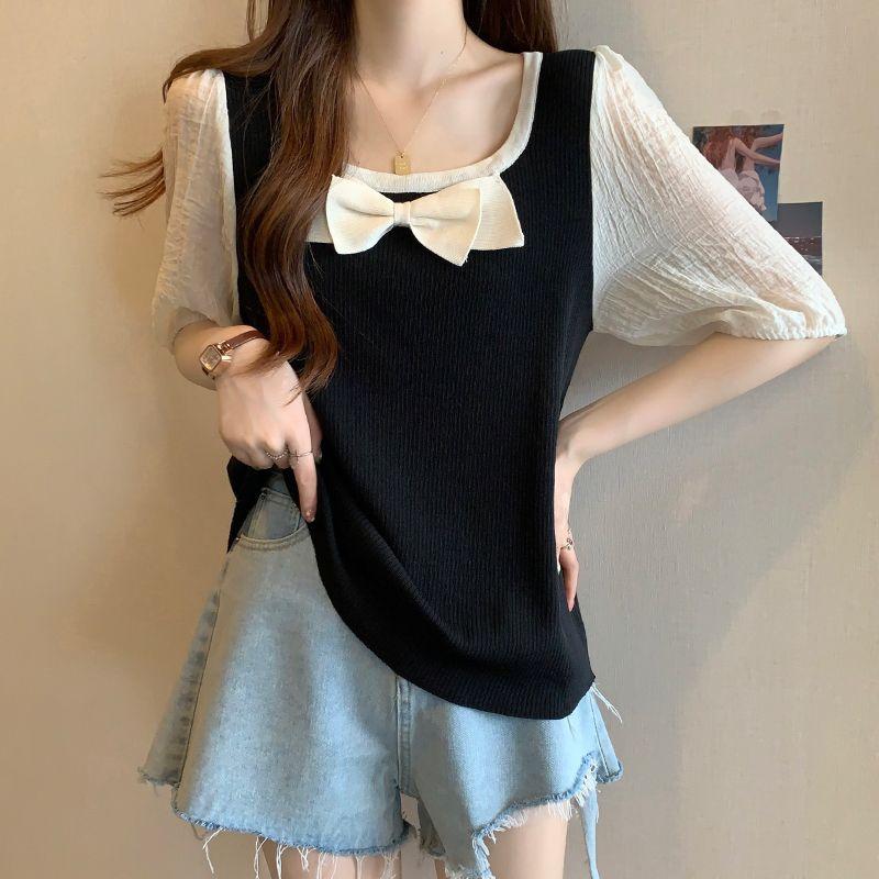 Product Introduction of Plus Size French Square Collar Niche Belly Covering Children Summer Fat Sister Show Stitching Fake Two Pieces Casual Bottoming Shirt 4