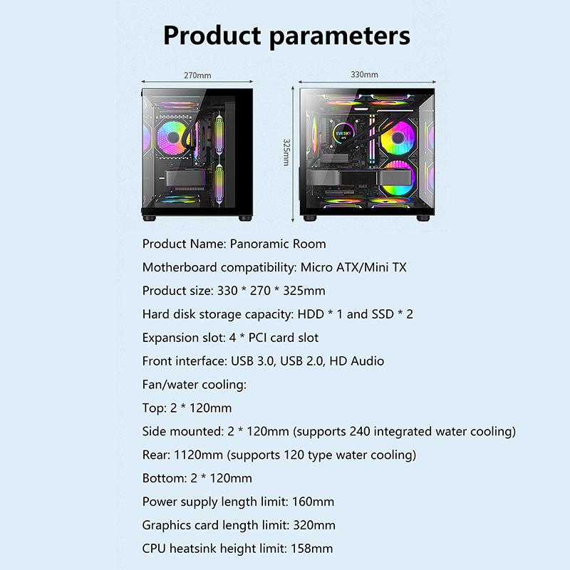 Product Introduction of 270 Degree Glass PC Case Transparent Desktop Computer Tower For M-ATX/ITX Motherboard SSD 7 Air Cooling Fans 320mm Graphic Card 25