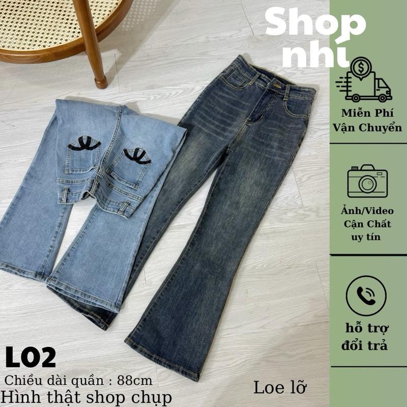 (90cm) L02 - SHOP NHÍ- Quần Jean Nữ Ống Loe Lỡ Thêu Túi QC , Đủ Size S/M/L 6763