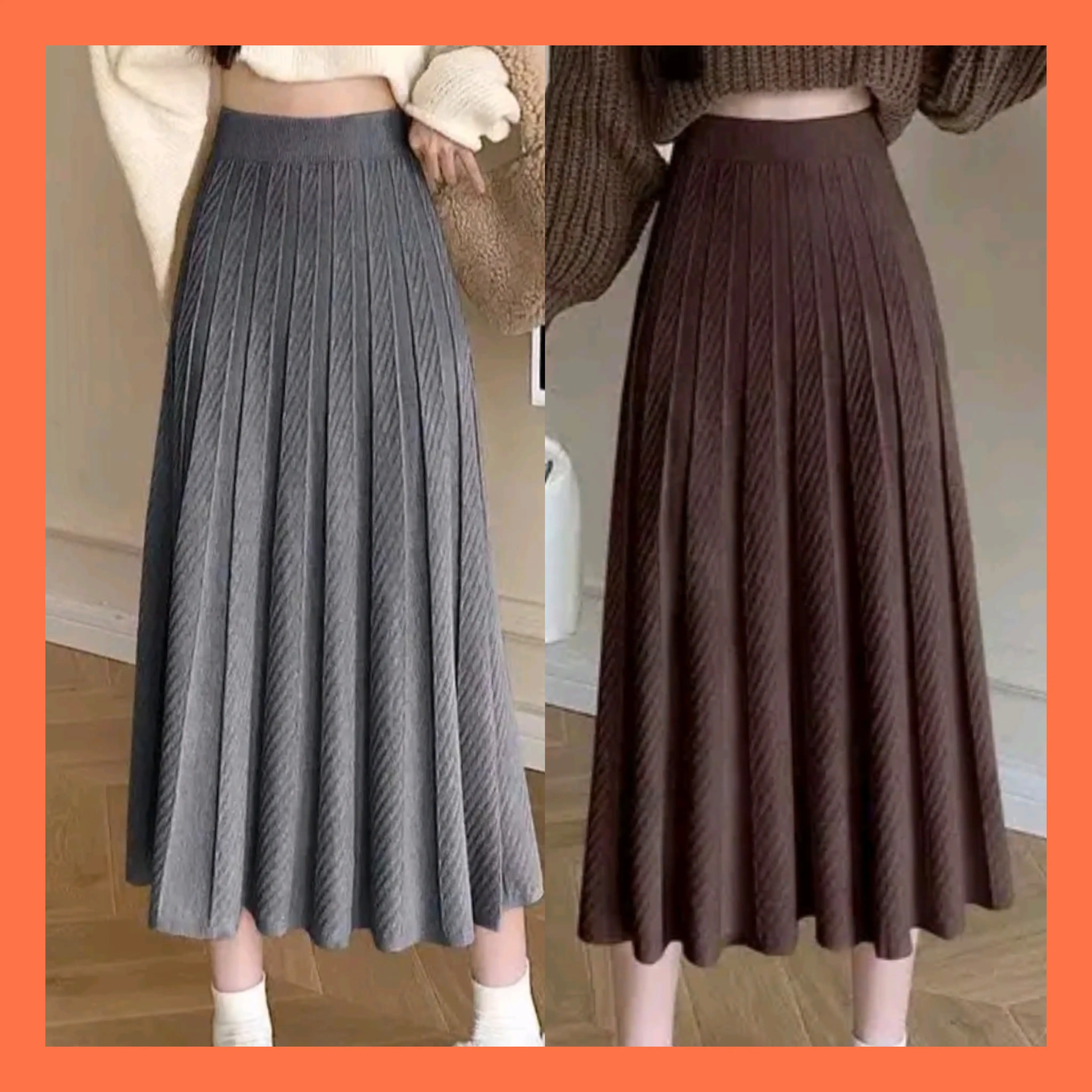 [Hà Linh] Chân váy len nữ midi xòe gân dáng dài chất dệt kim hàng Quảng Châu tôn dáng co dãn thu đông thời trang Women Đen chân  váy xoè