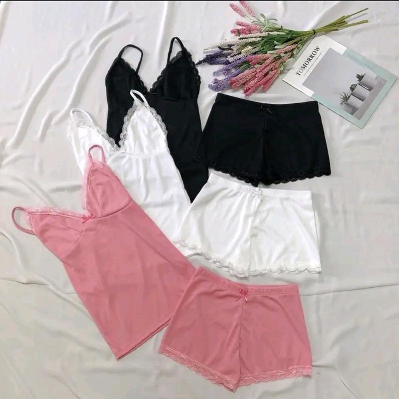 Đồ ngủ 2 dây phối viền ren đính nơ chất gân tăm mềm mịn mát Nữ Quần Áo ngủ Women Đen Hồng Nhung Kem Voi đồ ngủ