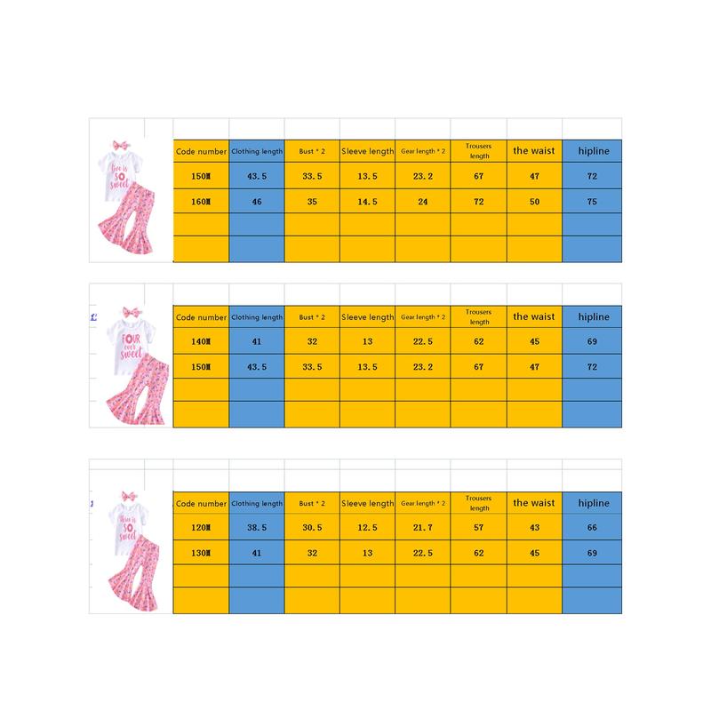 Product Introduction of Kids Girls T-shirt Trousers Set Letter Doughnut Print Short Sleeve Tops and Casual Flare Pants Headband Outfit 0