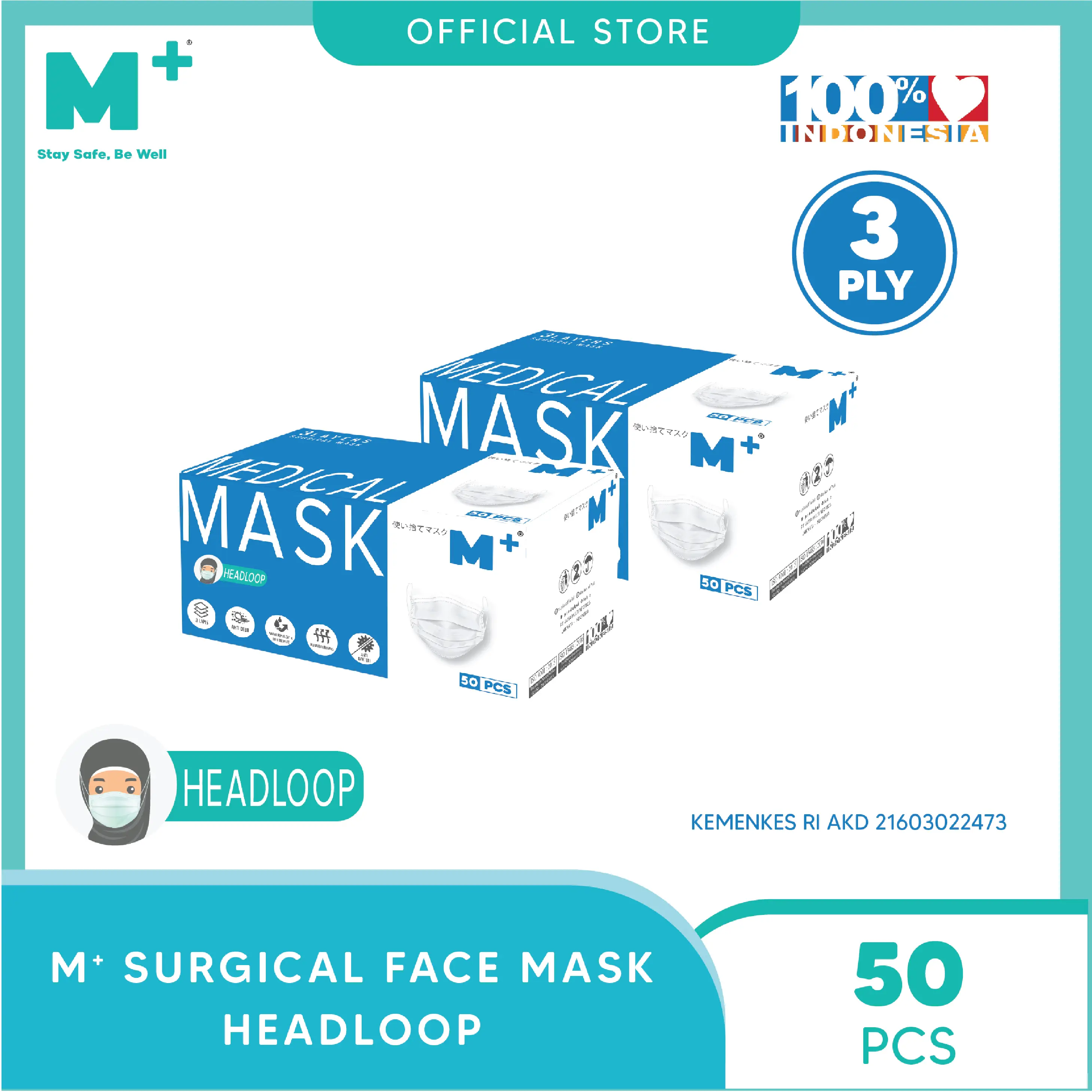 Masker Medis Hijab/Headloop 3 Ply Isi 50 Pcs Putih - M+ PAKET 2 Box Mask Karet