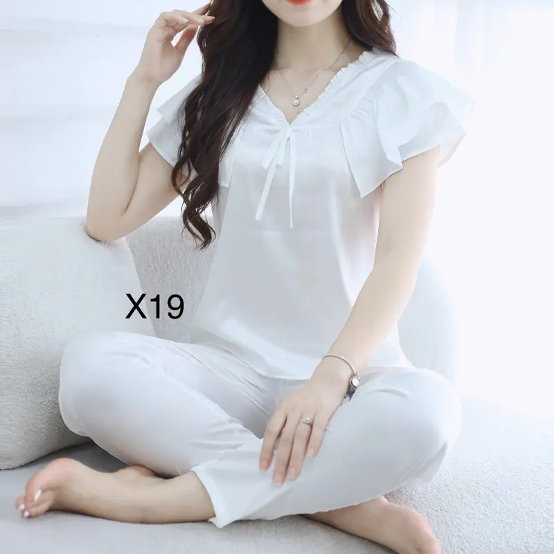 (37kg-68kg) Sét bộ mặc nhà nữ hàng thiết kế tay phối 2 lớp cánh tiên vải lụa Hàn mềm Women Áo Quần Ngủ Top sau sinh có bigsize Cạp Cao 6