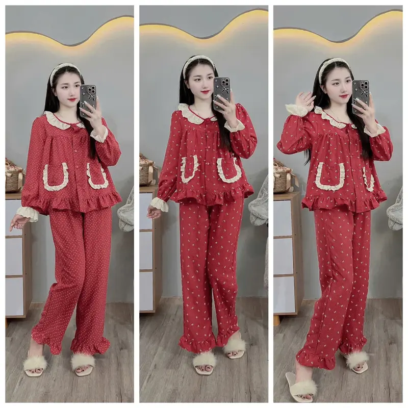 Bộ nữ mặc nhà Đũi mềm Màu Đỏ siêu dễ thương Women Áo Quần Ngủ freesize 40-60kg 0