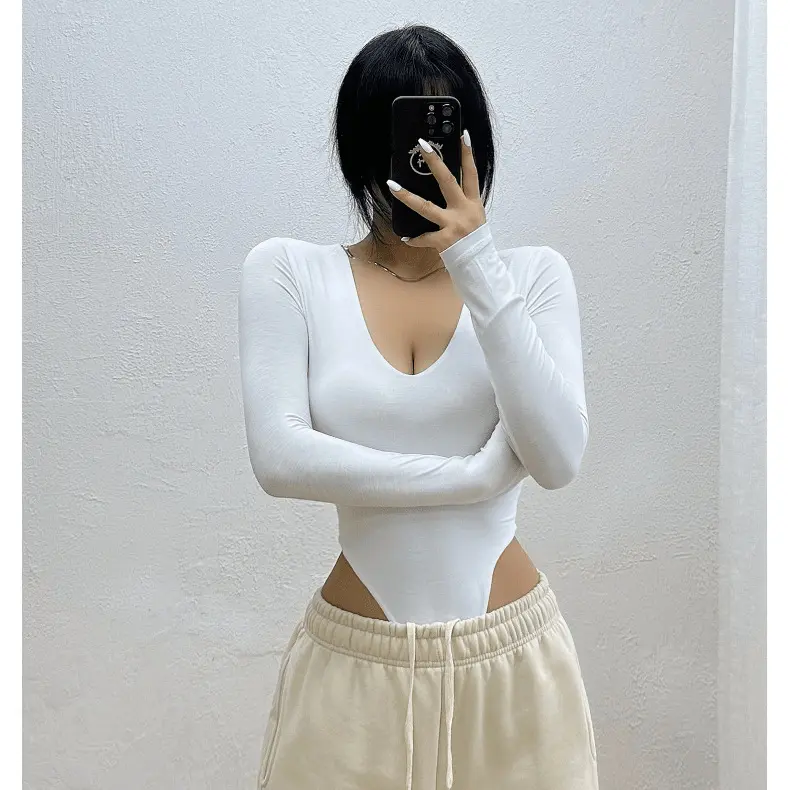 Áo Jumpsuit Quần Dài Tay, Màu Đen, Dành Cho Nữ, Phong Cách Âu Mỹ Dáng Ôm, Trang Phục Hở Eo, Cổ Chữ V, Đáy Quần Top 3