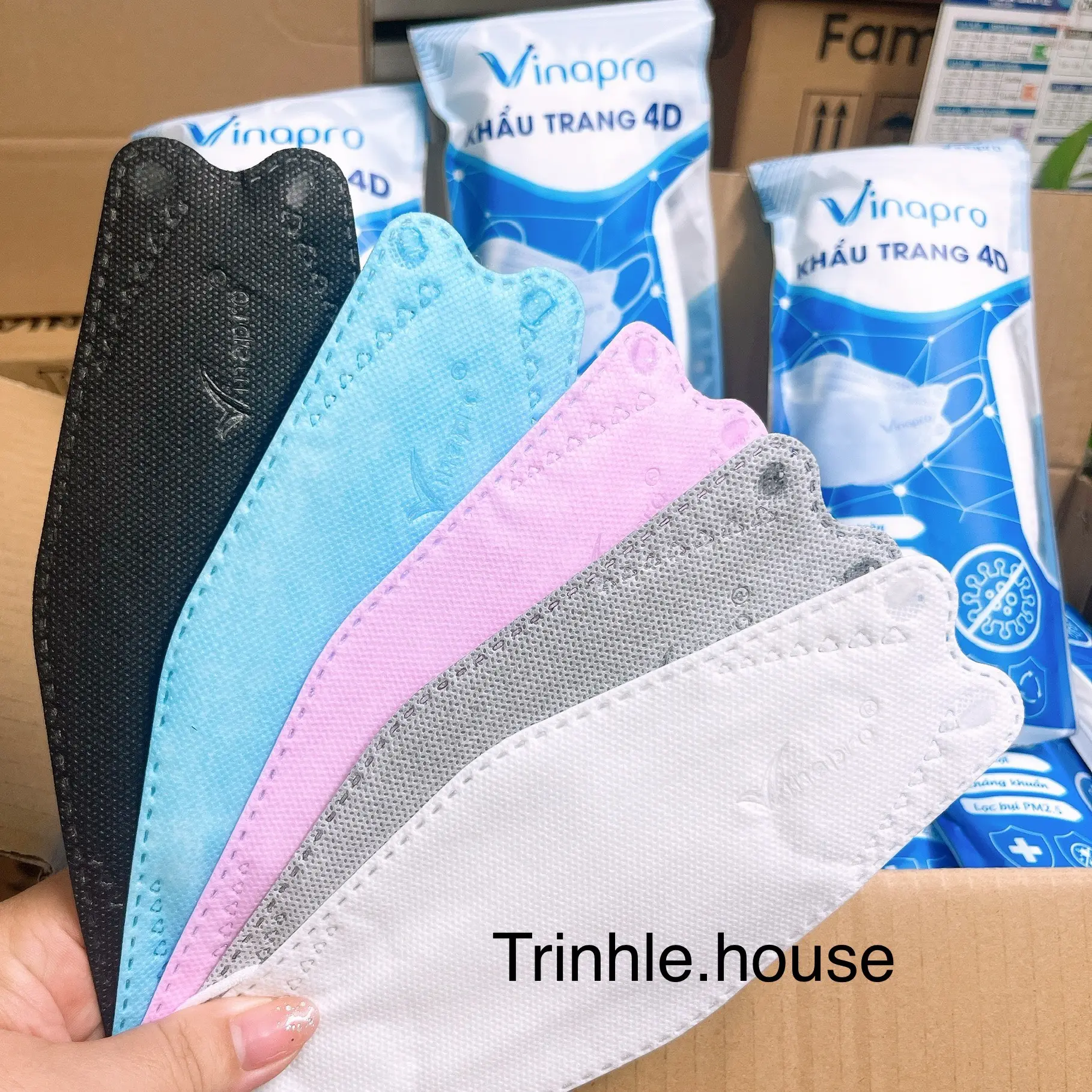 sỉ 1 thùng 300 cái khẩu trang kf94 Vinapro màu trắng, xám, xanh, đen, hồng kháng khuẩn