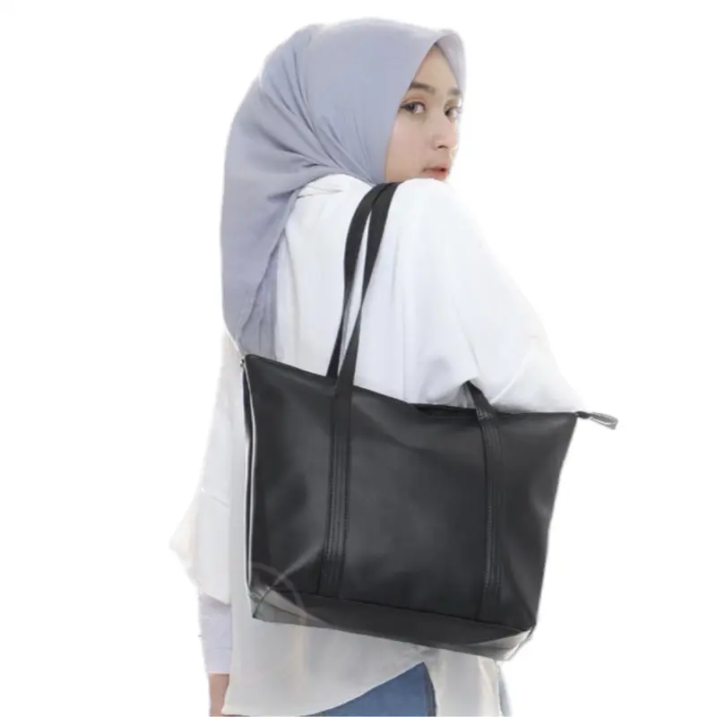 Tote Bag Wanita berbahan Kulit Tas Kerja Kuliah Kulit PU Polos Hitam Cokelat Navy