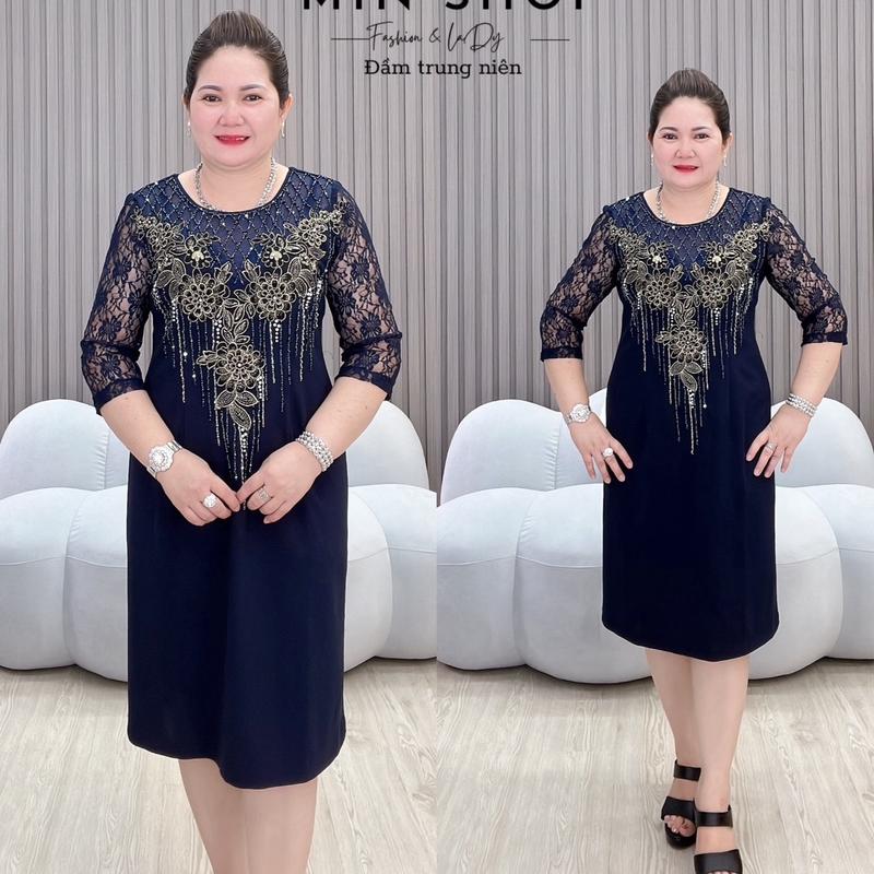 Đầm body trung niên cao cấp hoa ren kết đá cổ 3D Min Shop - Voan, Nữ Women Sen Dress Voi Kem Hoa Sen Đen Đỏ 7