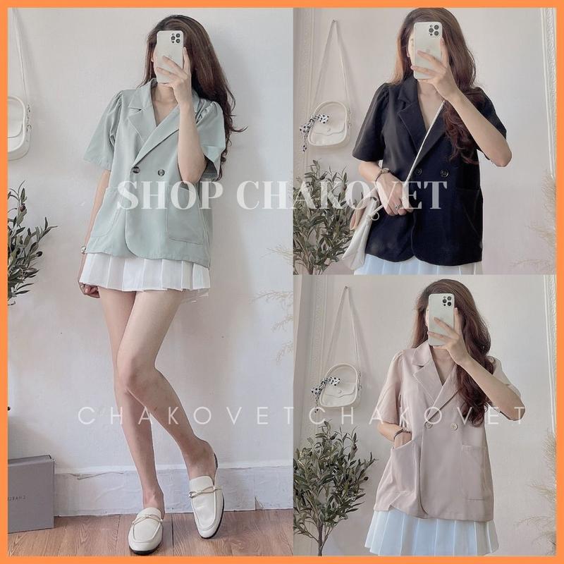 Áo blazer nữ tay ngắn khoác ngoài AB868 cổ vest style hàn quốc tay bồng 2 cúc túi tròn dáng ngắn - CHAKOVET
