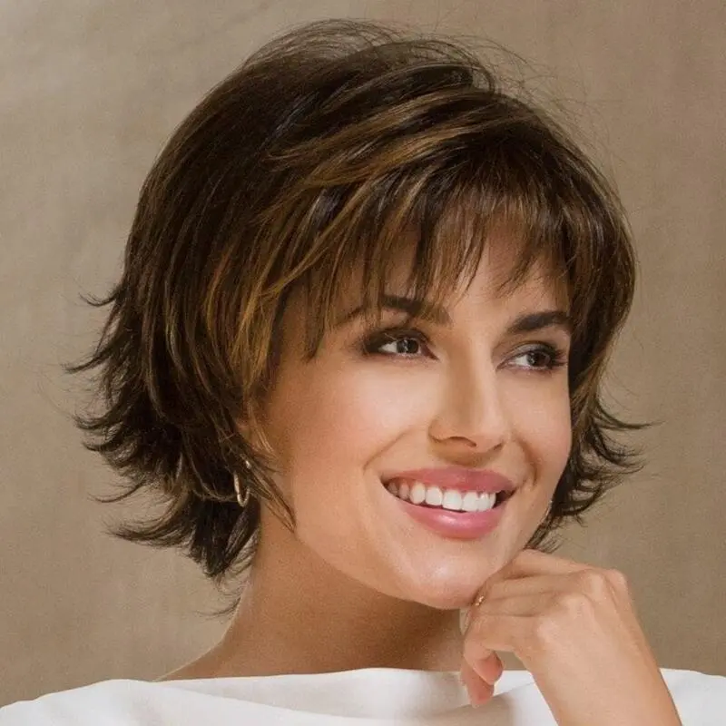 Factory Direct Sales Wig Short Straight Hair Fluffy Short Bangs Dark Brown Women's Wig outside Curly Short Curly Hair One Piece