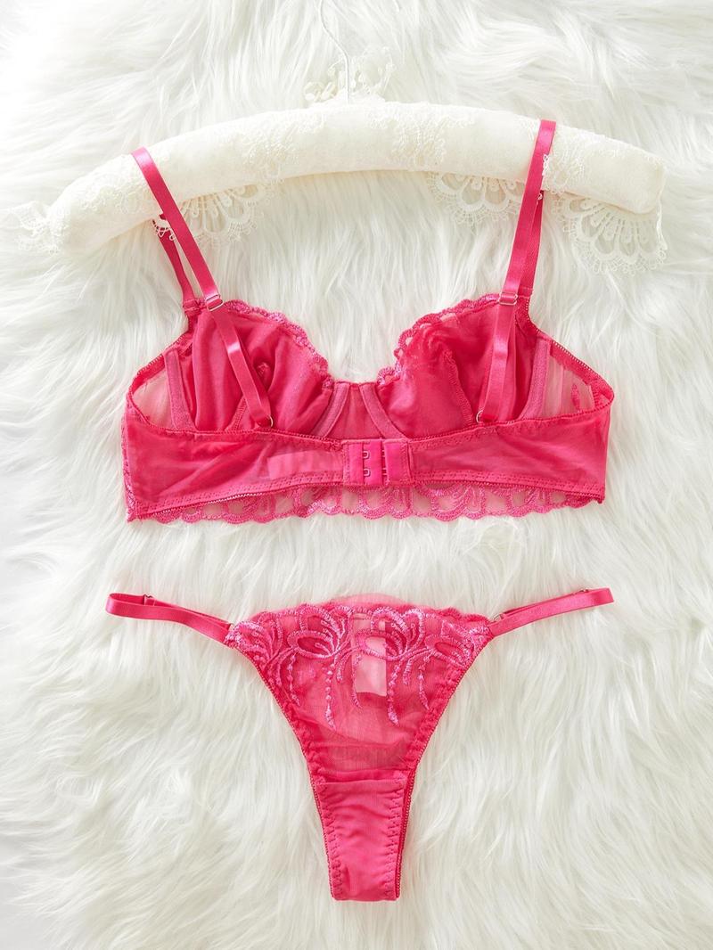 Product Introduction of Women's Solid Color Floral Embroidery Bra & Thong Two-piece Set, Sexy Cute Adjustable Strap Unlined Bra & Panty Set, Lingerie Set for Women 2