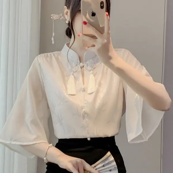 Áo Cánh Phong Cách Trung Quốc Dành Cho Phụ Nữ, Dáng Rộng Vừa Vặn, ngắn Tay Áo, Áo Sơ Mi Trắng, Ngoại Cỡ, Thời Trang, Thanh Lịch, Áo Cổ Điển 0
