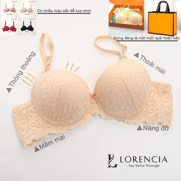 Cùng Lorencia đón chào ngày lễ săn sale 11/11 siêu khuyến mãi áo ngực chất liệu ren mang đến sự dễ chịu và thanh lịch dành cho phái nữ (tặng kèm móc treo chuyên dụng và hộp quà) Kem Women TK-186 Nhung Bra Sen Voi