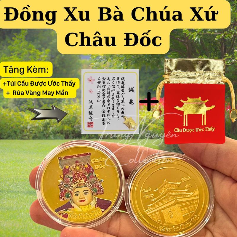 Tặng Kèm Rùa Vàng + Túi Cầu Được Ước Thấy Đồng Xu Lưu Niệm Bà Chúa Xứ Châu Đốc In Màu 3D Phong Thủy May Mắn Cầu Tài Ban Lộc